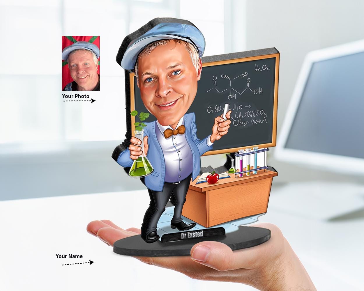 Chemistry Teacher Gift | Custom Science Nerd Figurine | Lab Caricature Magnet, Keychain, or Wood Statue