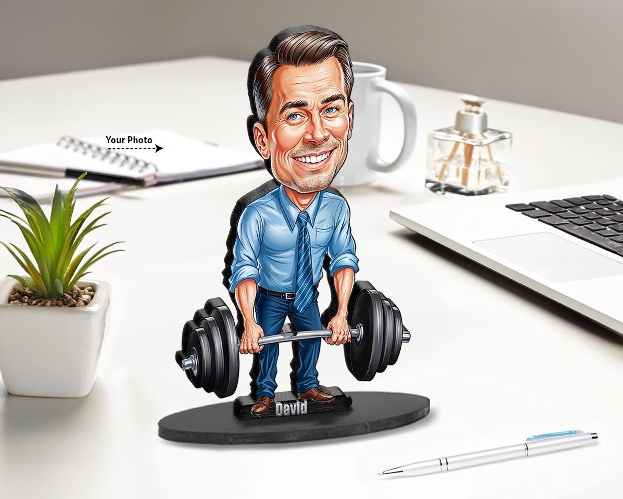 Office Worker Gift | Strong Boss Figurine – Funny Personalized Caricature with Barbell – Custom Magnet, Keychain & Car Charm
