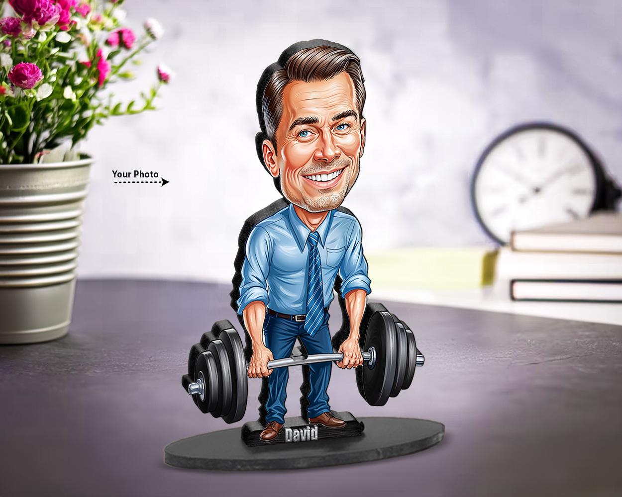 Office Worker Gift | Strong Boss Figurine – Funny Personalized Caricature with Barbell – Custom Magnet, Keychain & Car Charm