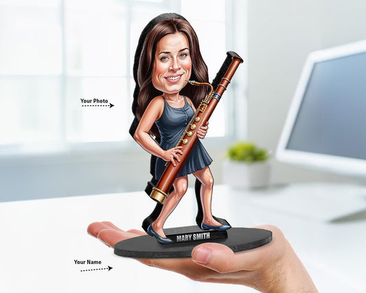 Custom big-head caricature of a bassoon player holding a fagott, printed on wood or acrylic, based on customer photo. Full-body, standing pose, white background.