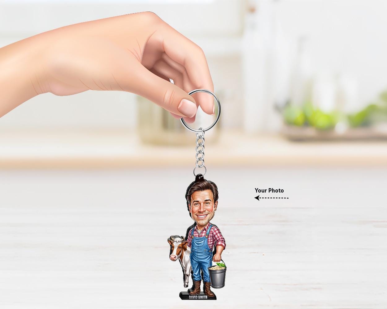 Farmer Gift | Dairy Ranch Figurine – Personalized Funny Caricature from Photo – Custom Magnet, Keychain & Car Charm