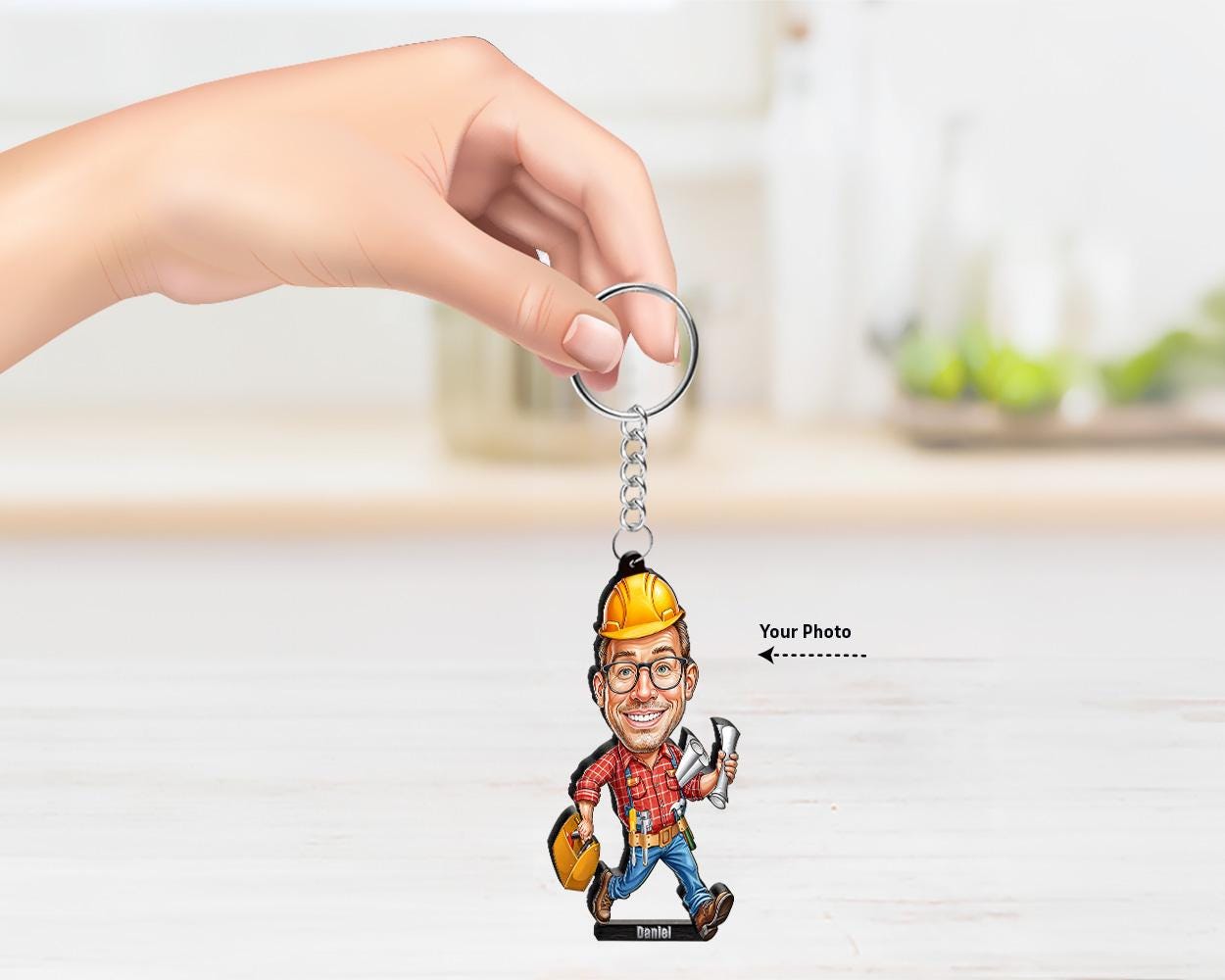 Funny Construction Worker Gift for Him | Custom Engineer Figurine with Hard Hat & Blueprints | Personalized Magnet, Keychain, Car Charm
