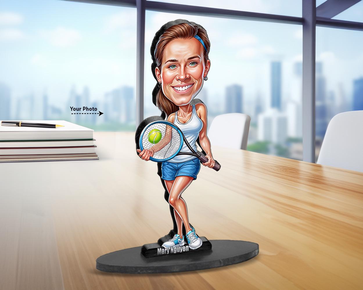Custom Female Tennis Player Gift – Personalized Coach Figurine, Magnet, Keychain & Car Charm – Funny Caricature Portrait from Your Photo