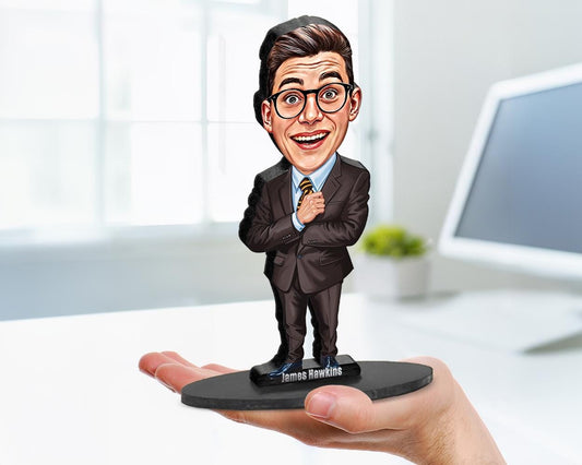 Big-head caricature of a businessman in a suit with glasses, printed on wood or acrylic, standing pose, white background.