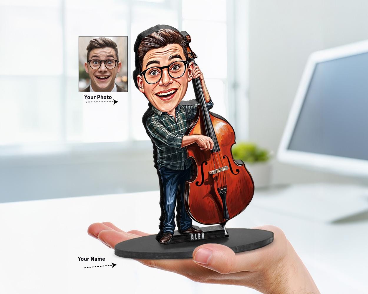 Personalized Double Bass Player Gifts | Cello Player Caricature Portrait From Your Photo | Funny Gift Sets with Your Photo & Name | DW235