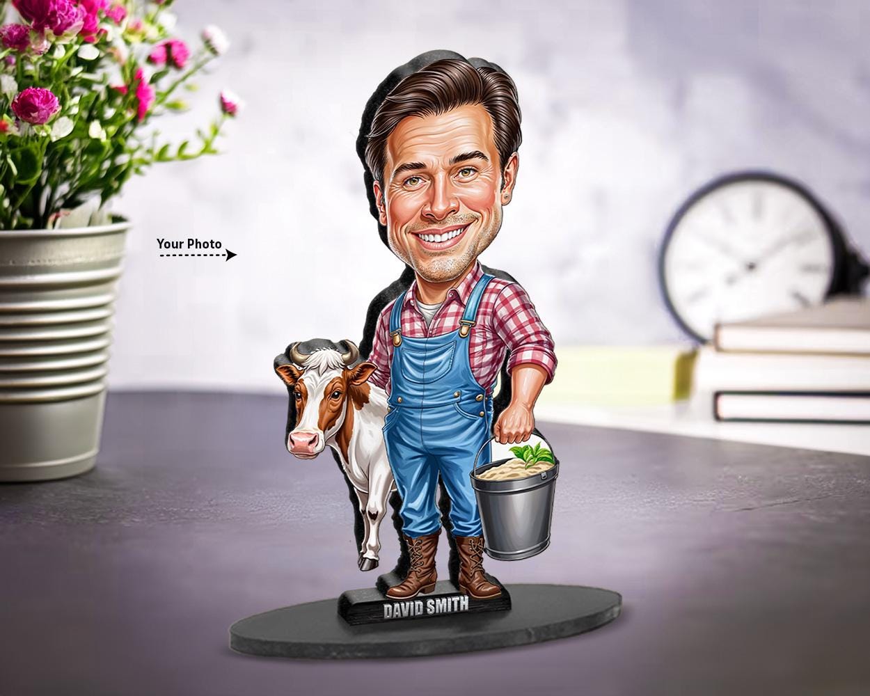 Farmer Gift | Dairy Ranch Figurine – Personalized Funny Caricature from Photo – Custom Magnet, Keychain & Car Charm