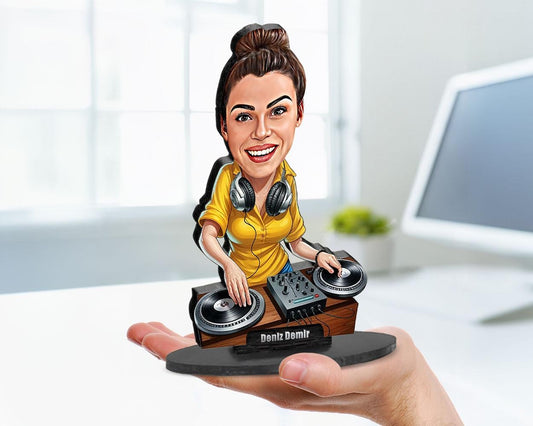 Big-head cartoon caricature of a female DJ with headphones and turntable setup, custom-made from a photo, printed on clear acrylic or mounted on a wooden base.