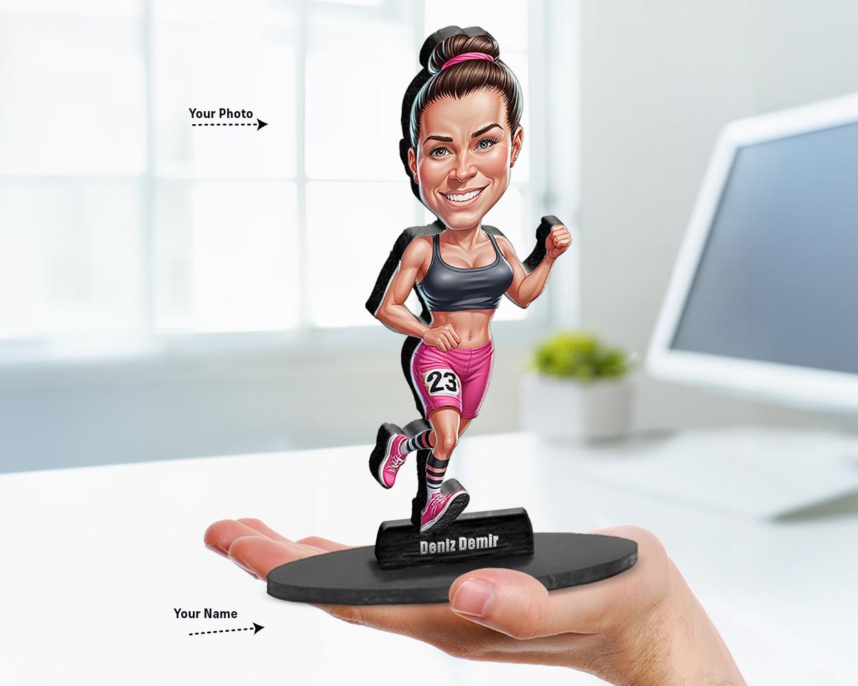 Personalized female marathon runner figurine holding medal and trophy, caricature gift from photo for athletes and fitness lovers.
