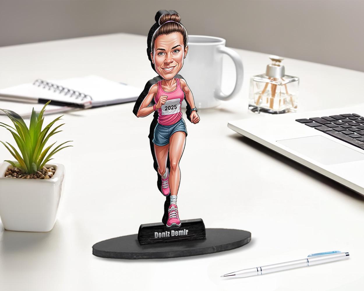 Personalized Female Marathon Runner Gift, Custom Caricature Figurine, Magnet, Keychain & Car Charm – Unique Running Portrait from Your Photo