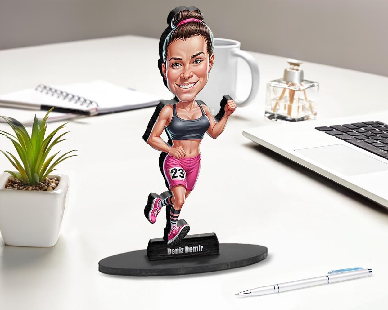 Custom Female Marathon Runner Figurine | Personalized Running Trophy Gift from Your Photo | Caricature Figurine, Magnet, Keychain & CarCharm