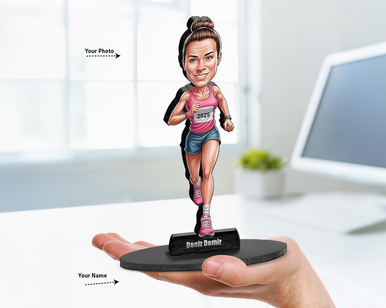 Big-head cartoon caricature of a female marathon runner, custom-made from a photo, printed on clear acrylic or mounted on a wooden base.
