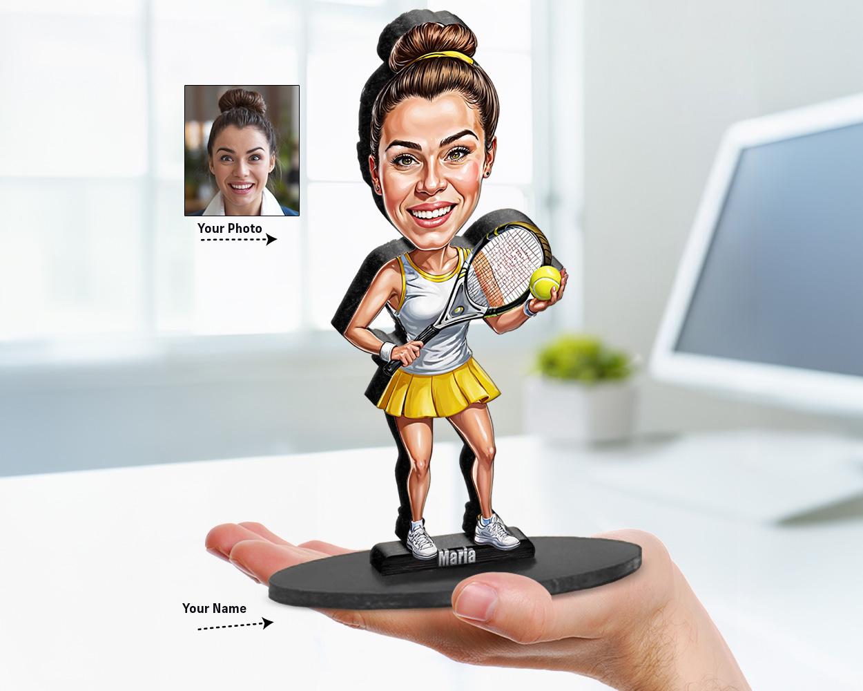 Custom Female Tennis Player Gift – Personalized Coach Figurine, Magnet, Keychain & Car Charm – Funny Caricature Portrait from Your Photo