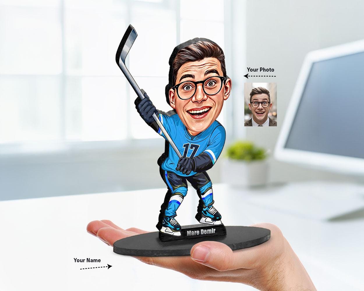 A big-head caricature of a male ice hockey player holding a stick in a dynamic pose. The figure is printed on wood or clear acrylic with a white background.
