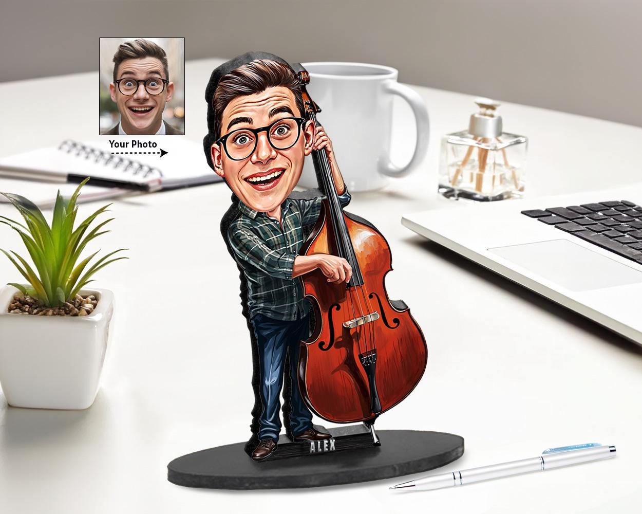 Personalized Double Bass Player Gifts | Cello Player Caricature Portrait From Your Photo | Funny Gift Sets with Your Photo & Name | DW235