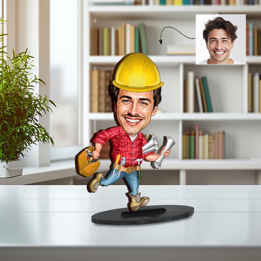 Funny Construction Worker Gift for Him | Custom Engineer Figurine with Hard Hat & Blueprints | Personalized Magnet, Keychain, Car Charm