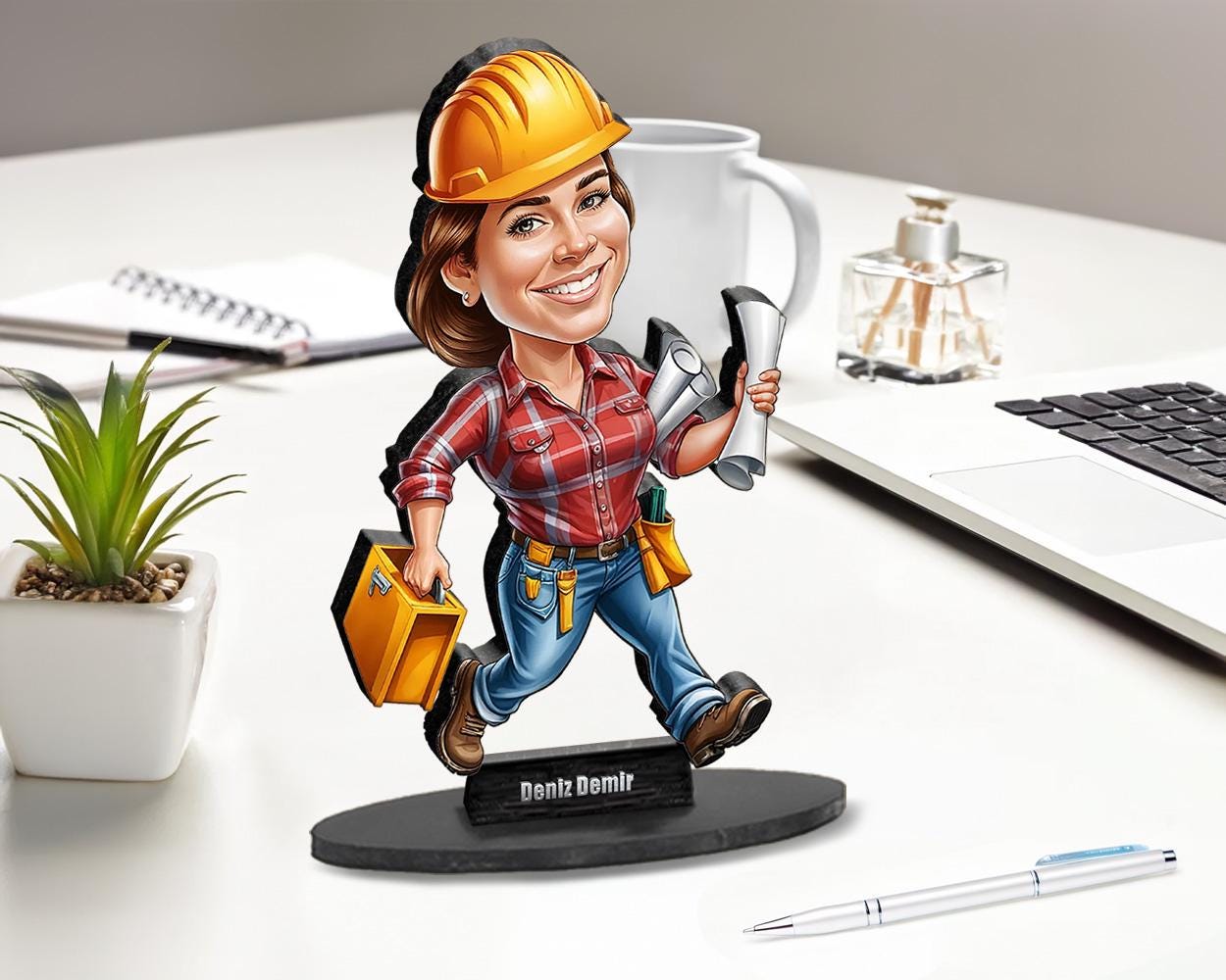 Funny Construction Worker Gift for Him | Custom Engineer Figurine with Hard Hat & Blueprints | Personalized Magnet, Keychain, Car Charm