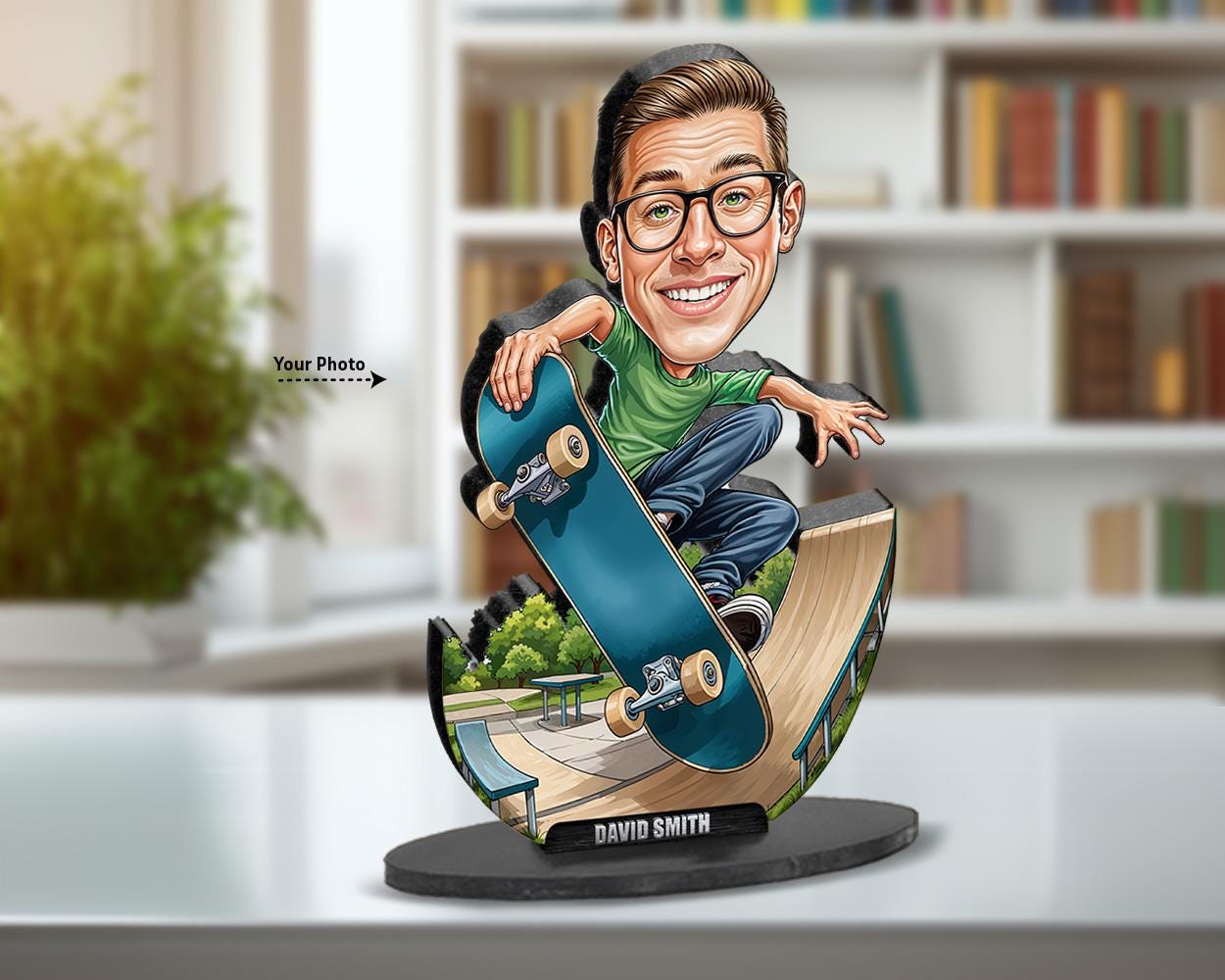 Custom Skateboarder Gift for Men | Funny Skater Figurine with Ramp Scene | Personalized Magnet, Keychain, Car Charm