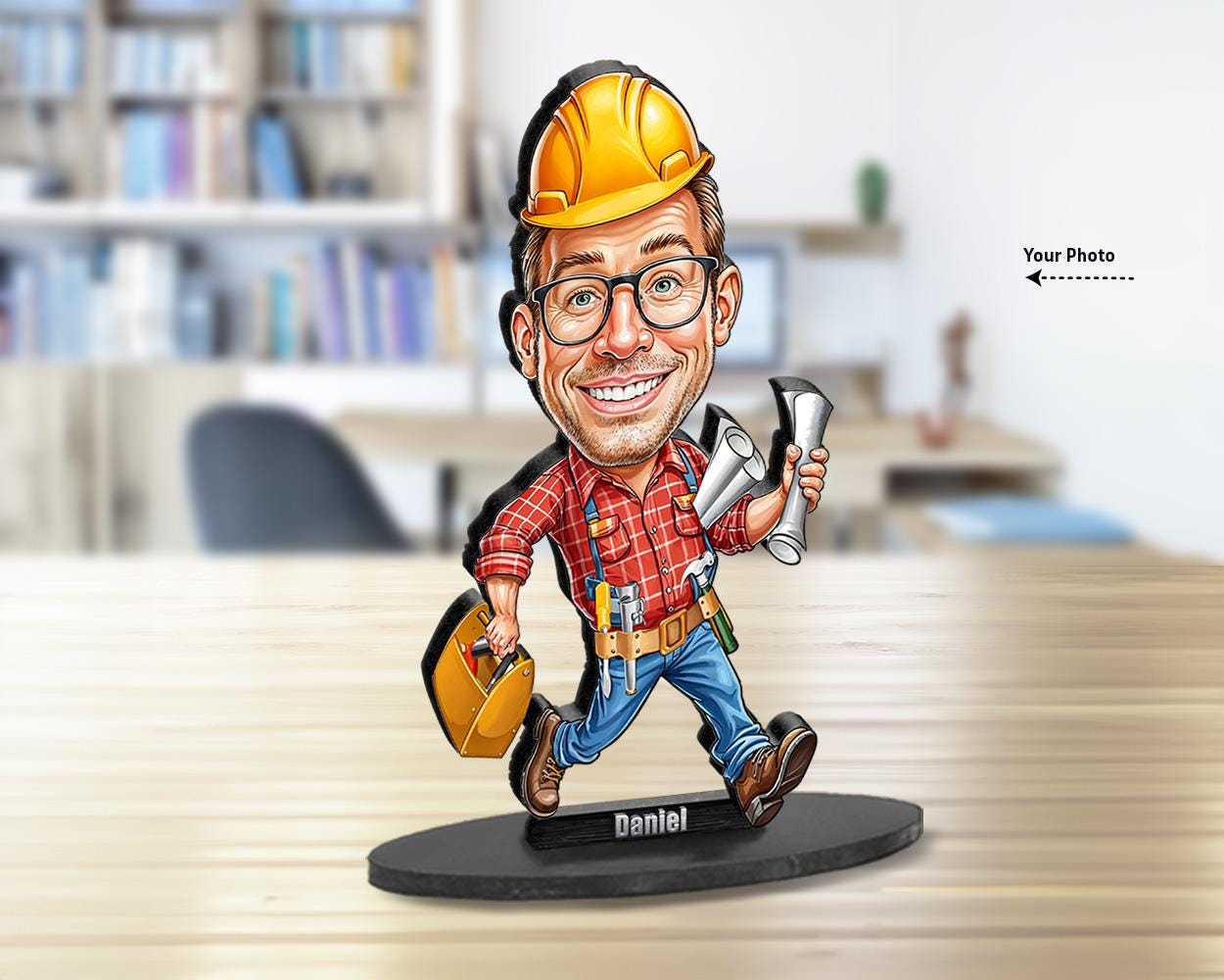 Funny Construction Worker Gift for Him | Custom Engineer Figurine with Hard Hat & Blueprints | Personalized Magnet, Keychain, Car Charm
