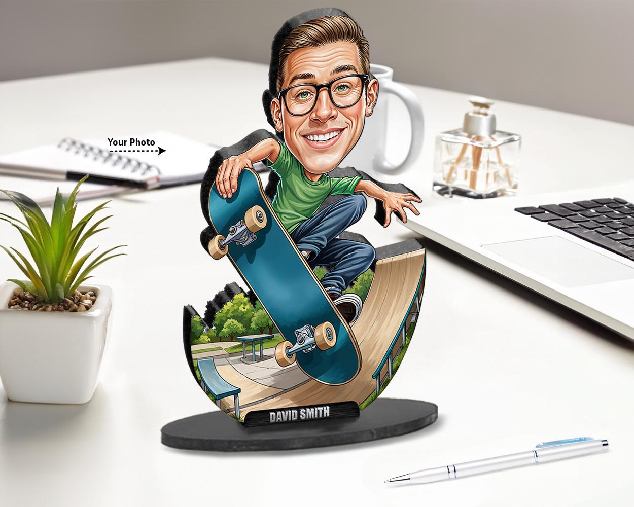 Custom Skateboarder Gift for Men | Funny Skater Figurine with Ramp Scene | Personalized Magnet, Keychain, Car Charm