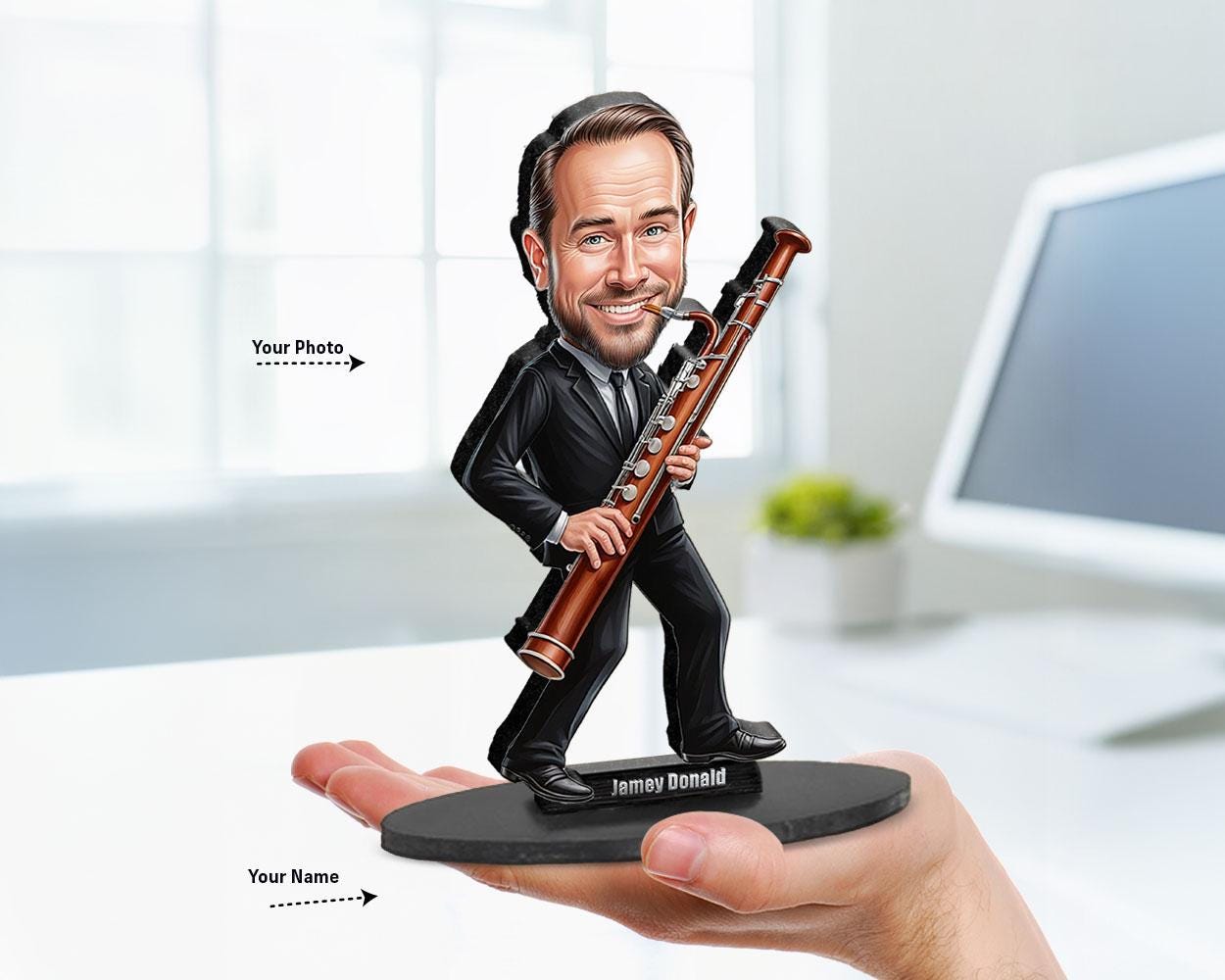 Personalized Bassoon Player Gift | Custom Fagott Figurine from Your Photo | Funny Musician Caricature – Magnet, Keychain, Car Charm