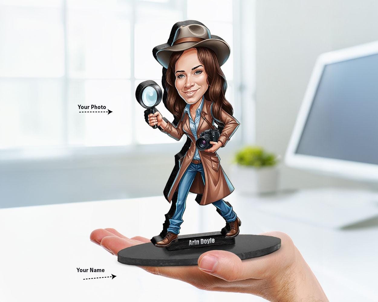 Detective Personalized Gift – Wooden Figurine, Custom Keychain, Car Mirror Charm, Funny Magnet for Him