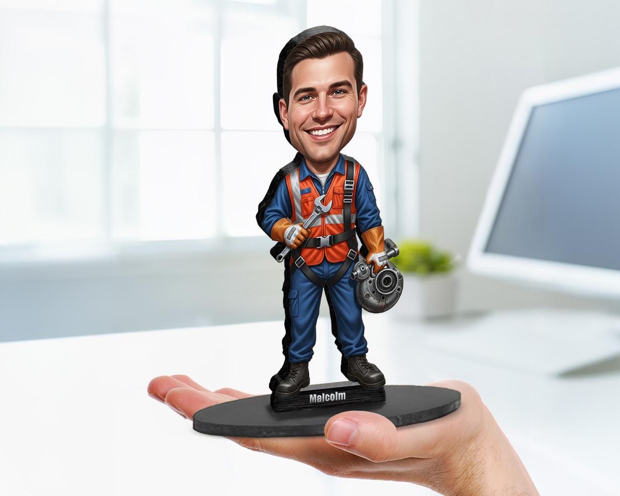 Big-head cartoon caricature of a male aircraft mechanic, custom-made from a photo, printed on clear acrylic or mounted on a wooden base.