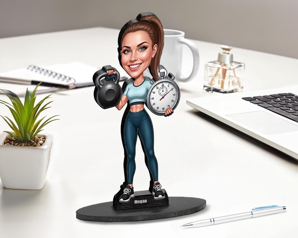 Personalized Female Personal Trainer Gift – Custom Caricature Figurine, Magnet, Keychain & Car Charm – Fitness Coach Portrait from Photo
