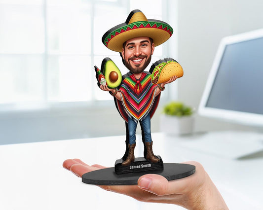 Big-head cartoon caricature of a taco king with giant tacos, custom-made from a photo, printed on clear acrylic or mounted on a wooden base.