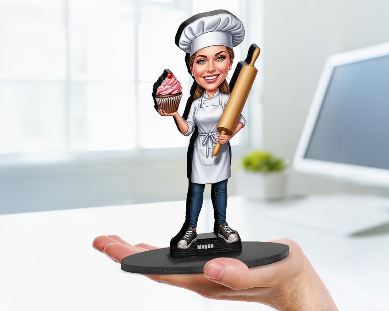 Big-head cartoon caricature of a female baker in chef outfit, holding pastries or baking tools, custom-made from your photo, printed on acrylic or wood with a black base.
