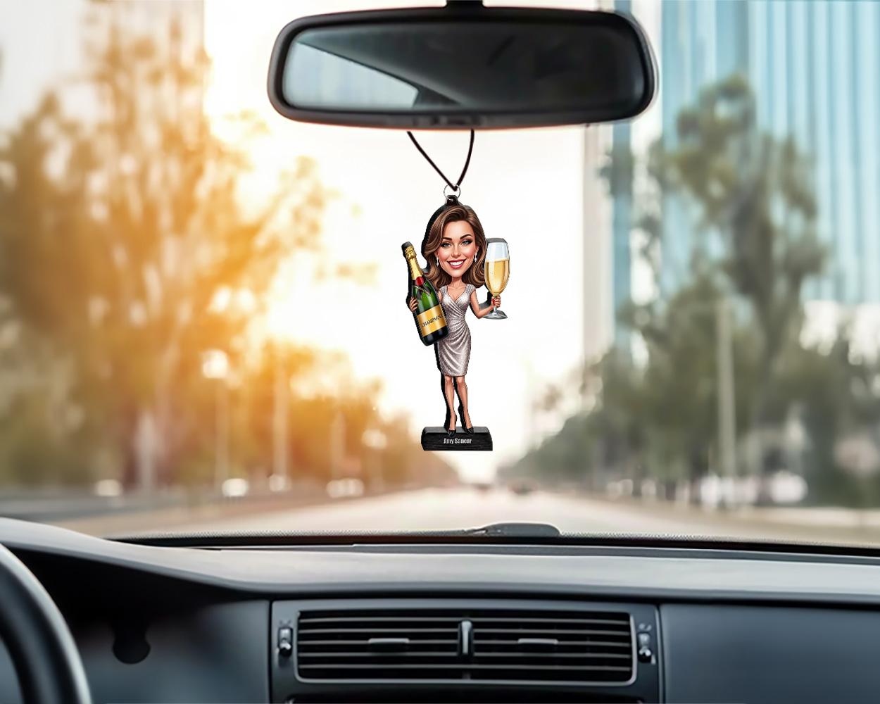 Funny Champagne Gift for Women – Personalized Celebration Figurine, Magnet, Keychain & Car Charm – Custom Caricature from Your Photo
