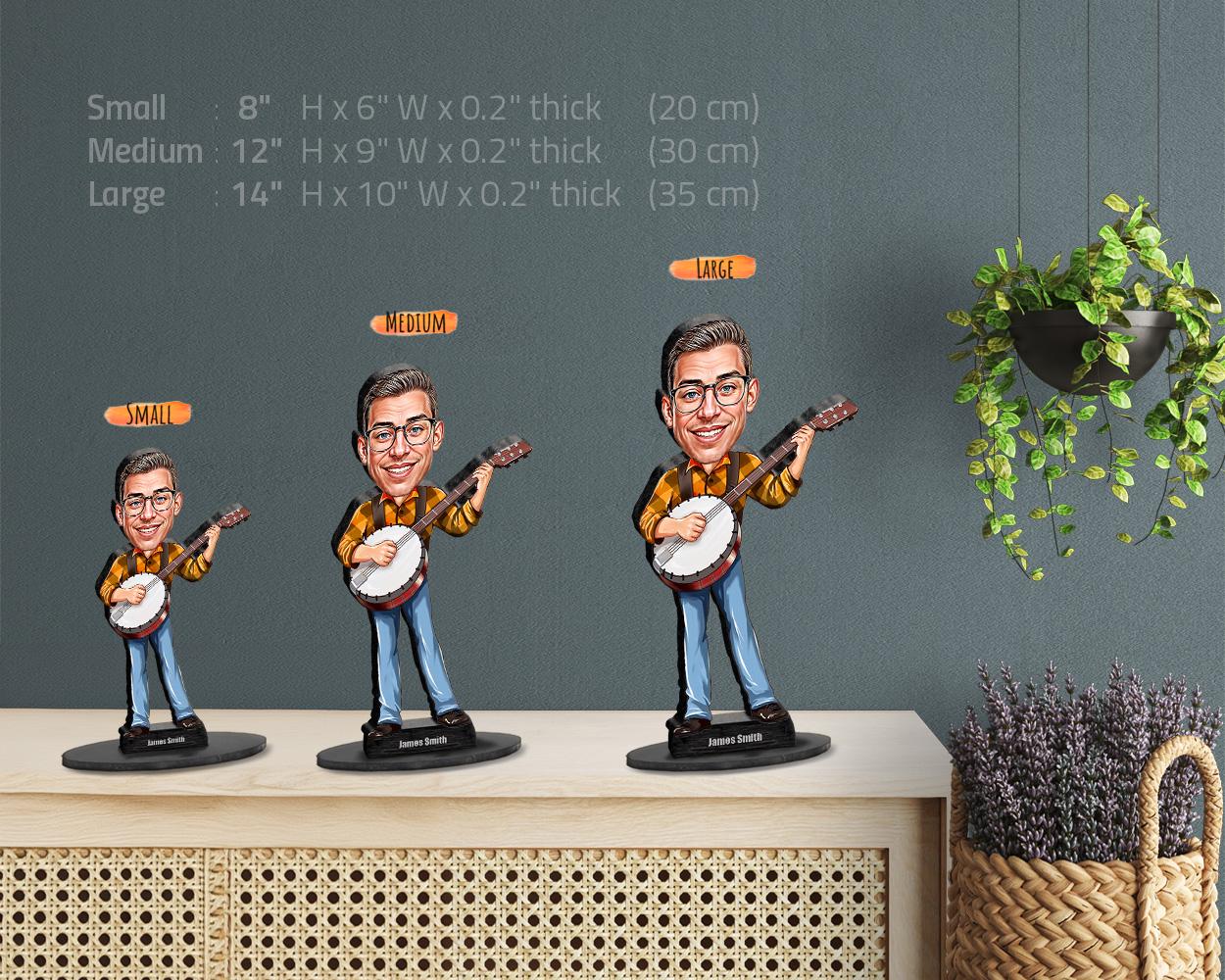 Custom Banjo Player Gift for Men – Personalized Funny Figurine, Magnet, Keychain & Car Charm – Unique Musician Caricature from Your Photo