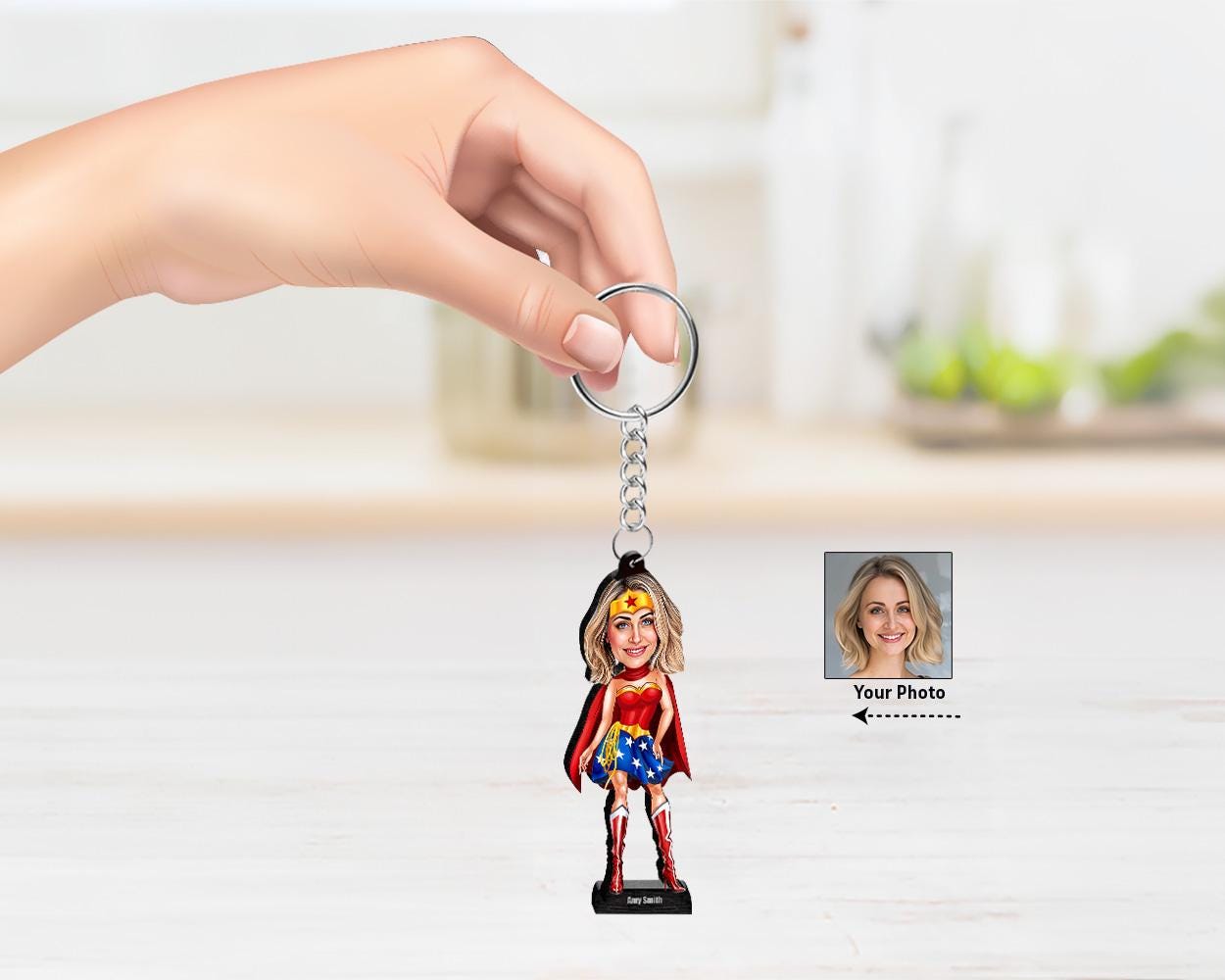 Superhero Woman Figurine | Custom Wonder-Inspired Portrait Gift | Personalized Acrylic or Wooden Trophy from Photo