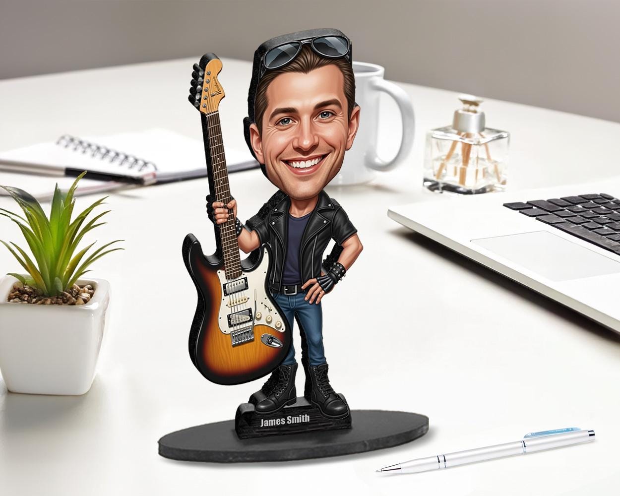 Custom Electric Guitar Player Gift – Funny Rock Figurine, Magnet, Keychain & Car Charm – Personalized Musician Portrait from Photo