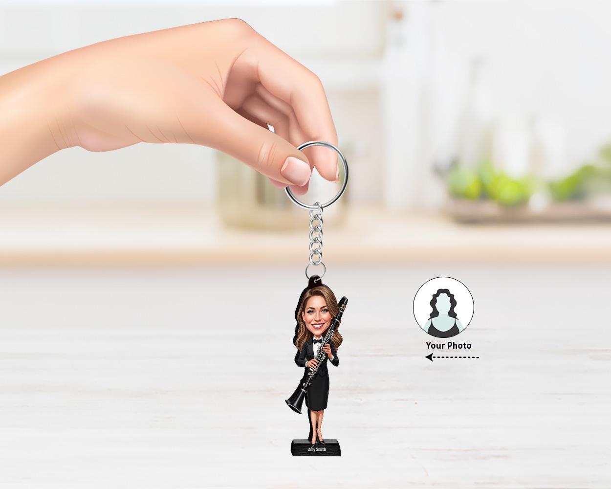 Custom Clarinet Player Gift for Women – Funny Musician Figurine, Magnet, Keychain & Car Charm – Personalized Portrait from Your Photo