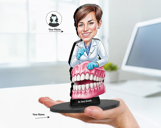 Big-head caricature of a female prosthodontist in a white coat holding tools and standing over a giant denture, made from your photo.