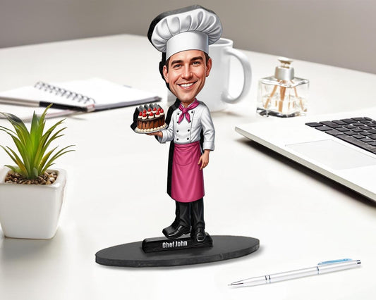 Personalized Male Pastry Chef Gift – Custom Baker Figurine, Magnet, Keychain & Car Charm – Unique Caricature Portrait from Your Photo