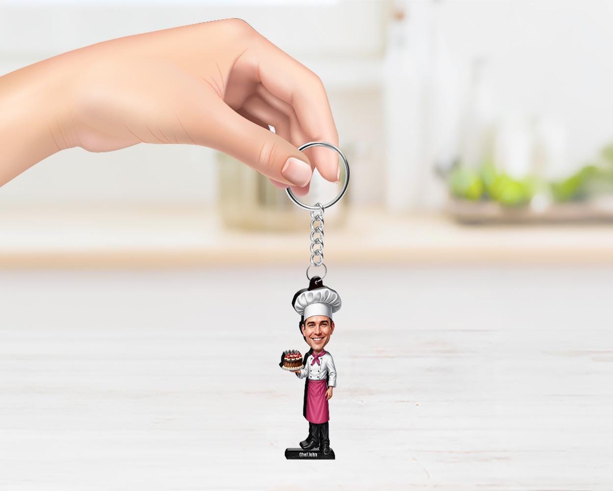 Personalized Male Pastry Chef Gift – Custom Baker Figurine, Magnet, Keychain & Car Charm – Unique Caricature Portrait from Your Photo