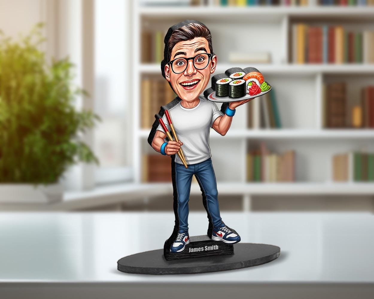 Personalized Sushi Lover Gift for Men – Custom Funny Figurine, Magnet, Keychain & Car Charm – Unique Caricature Portrait from Your Photo