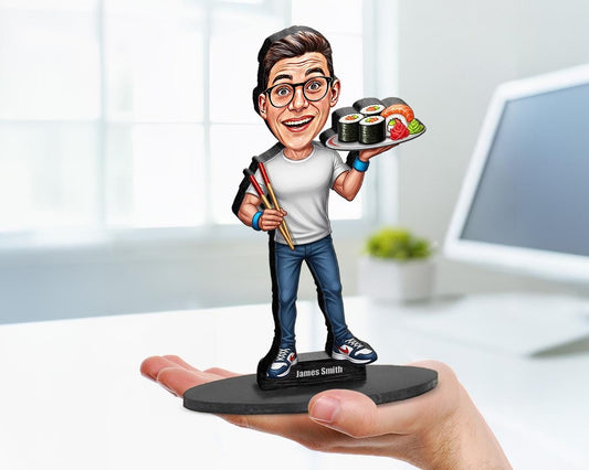 Big-head cartoon caricature of a sushi lover with giant sushi plate, custom-made from a photo, printed on clear acrylic or mounted on a wooden base.