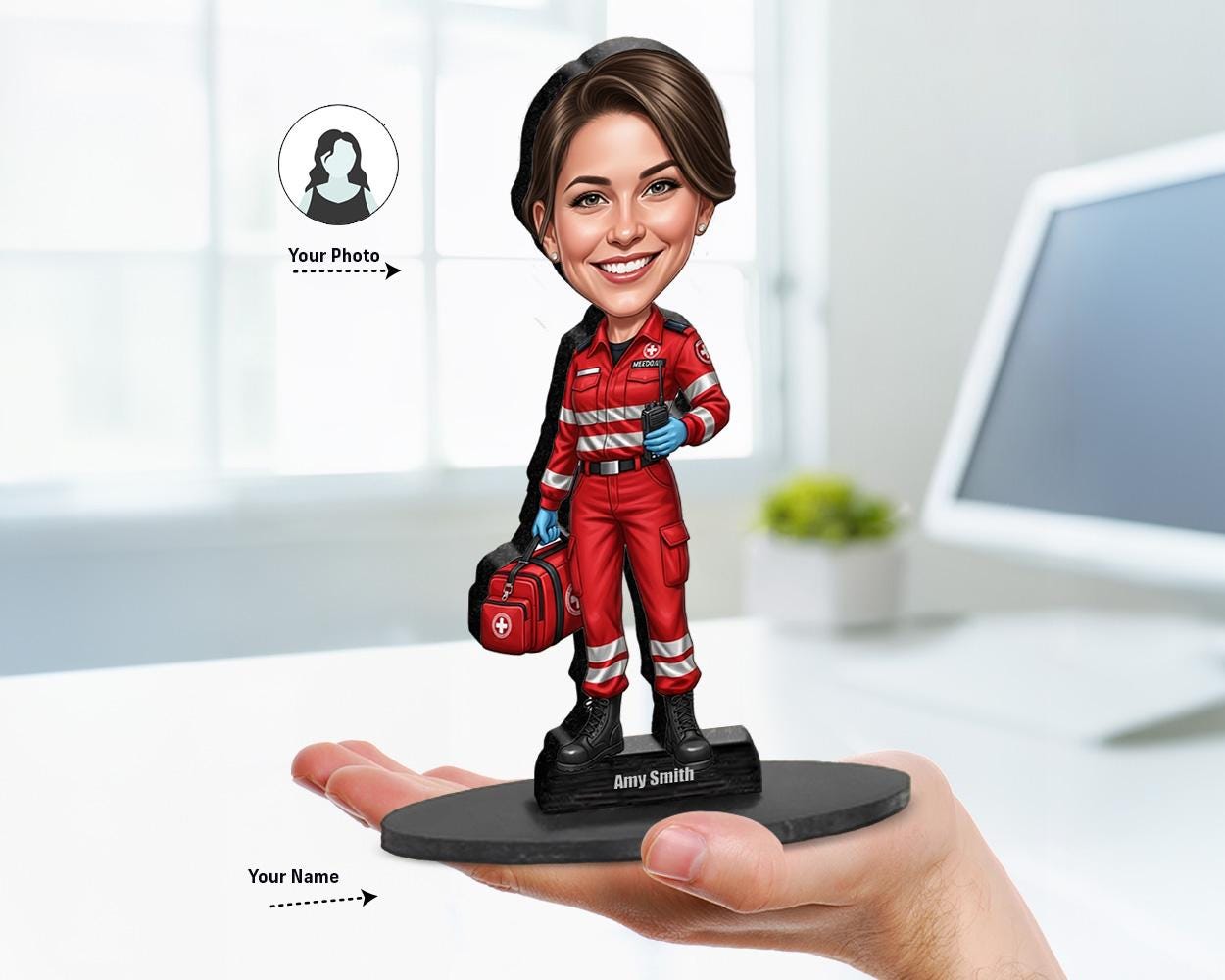 Big-head cartoon caricature of a male or female paramedic in EMT uniform, holding a medical bag, custom-made from a photo, printed on acrylic or mounted on wood.