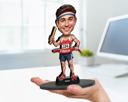 Big-head cartoon caricature of a male relay runner holding a baton, custom-made from a photo, printed on acrylic or mounted on a wooden base.