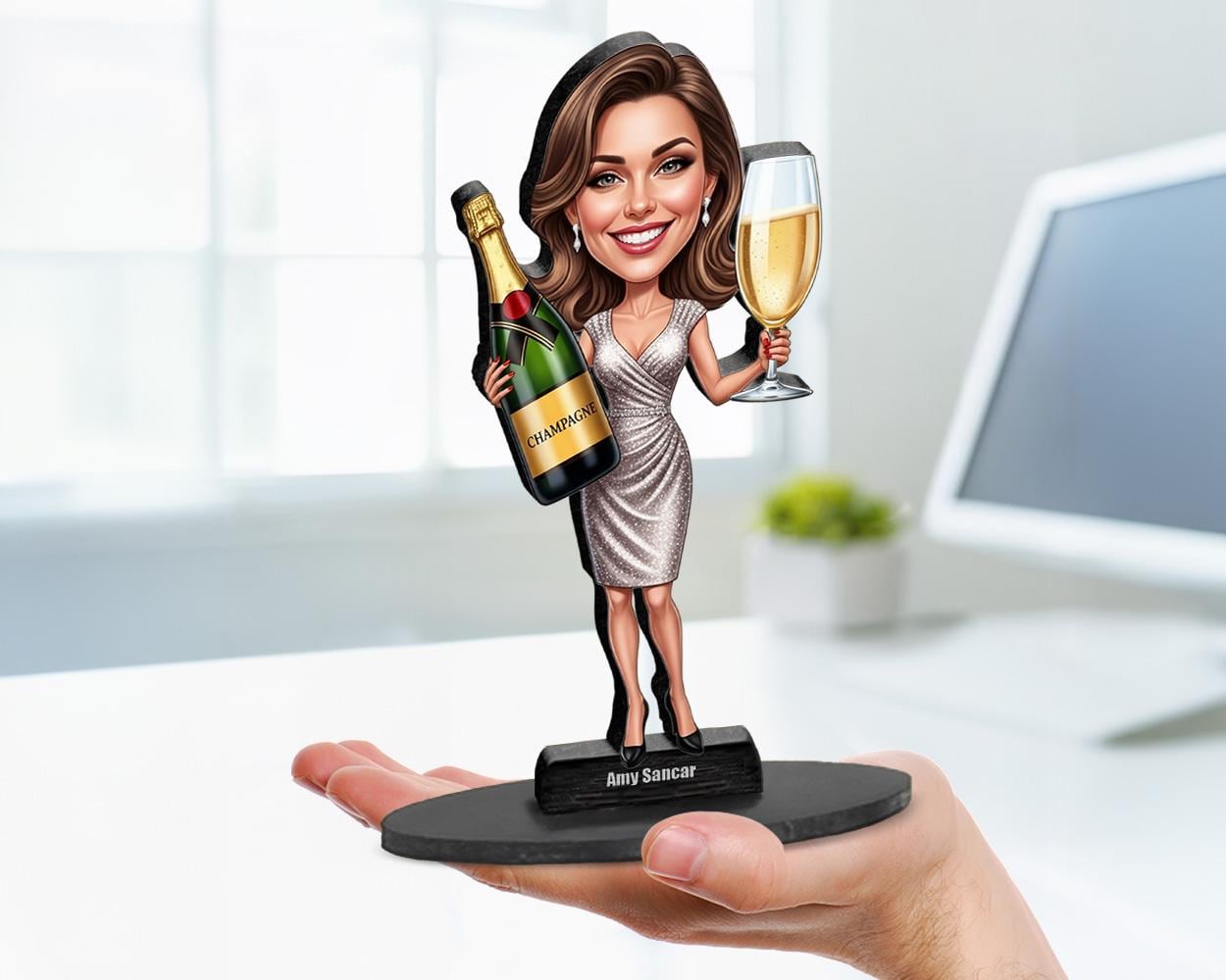 Big-head cartoon caricature of a woman holding a champagne bottle and glass, made from a real photo, printed on clear acrylic or wooden base with party-themed design.