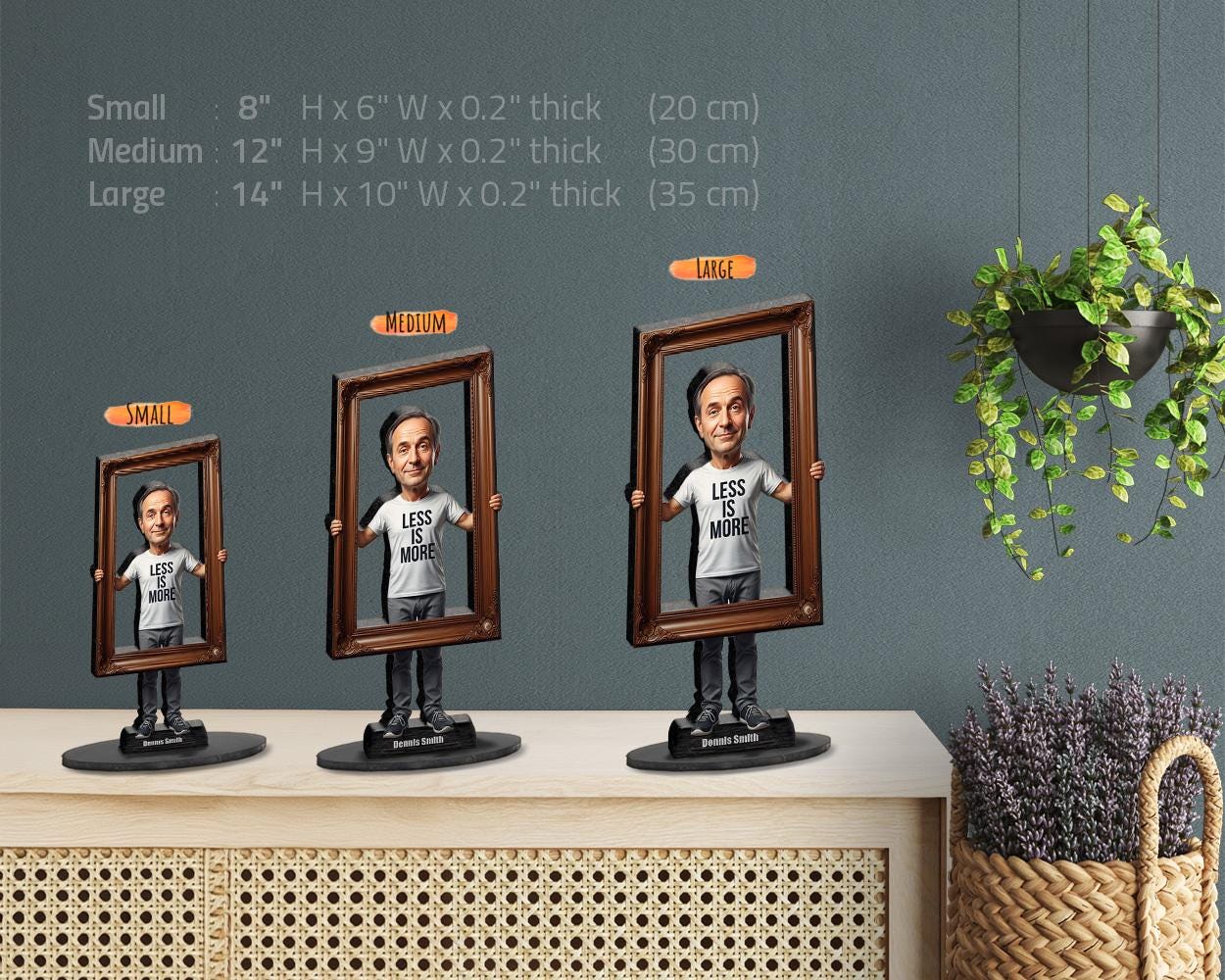 Funny Minimalist Gift for Men | Custom Figurine with Empty Frame & “Less is More” Shirt | Personalized Magnet, Keychain - Car Charm