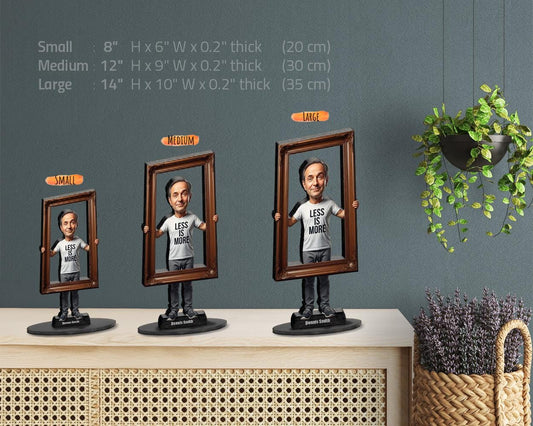 Funny Minimalist Gift for Men | Custom Figurine with Empty Frame & “Less is More” Shirt | Personalized Magnet, Keychain - Car Charm