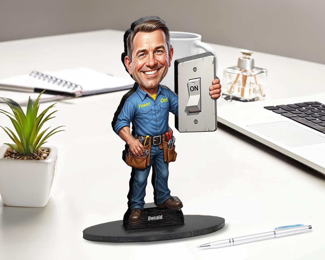 Custom Electrician Gift for Him | Funny Figurine with Light Switch & Tool Belt | Personalized Magnet, Keychain, Car Charm from Photo