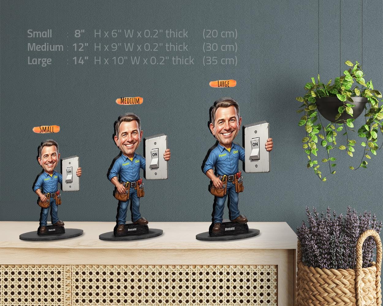 Custom Electrician Gift for Him | Funny Figurine with Light Switch & Tool Belt | Personalized Magnet, Keychain, Car Charm from Photo