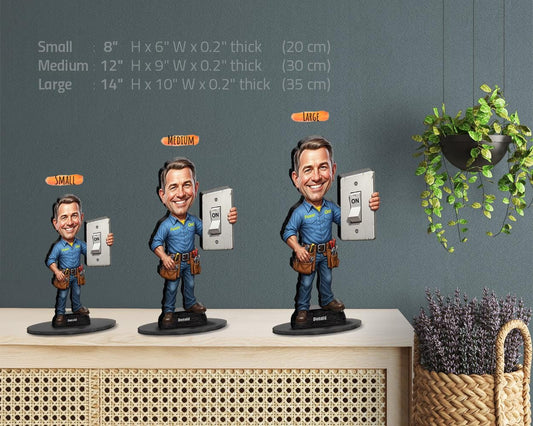 Custom Electrician Gift for Him | Funny Figurine with Light Switch & Tool Belt | Personalized Magnet, Keychain, Car Charm from Photo