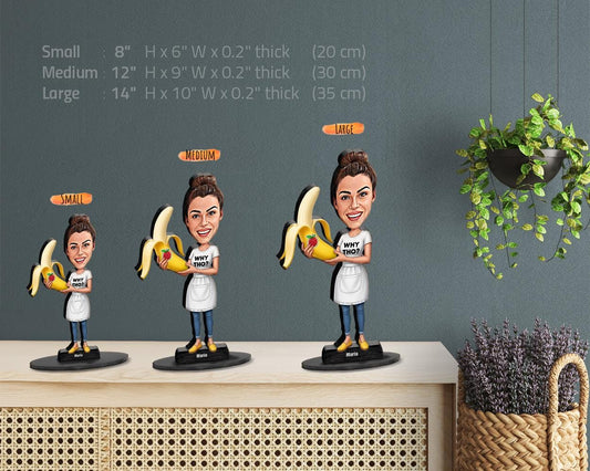 Funny Banana Figurine for Women | Custom Apron Caricature with “Why Tho?” Shirt | Personalized Gag Gift – Magnet, Keychain, Car Charm