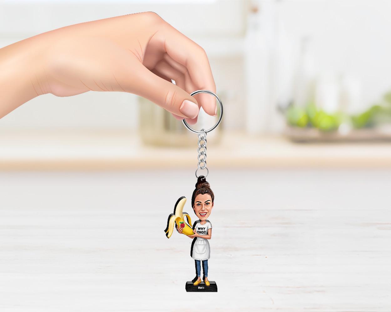 Funny Banana Figurine for Women | Custom Apron Caricature with “Why Tho?” Shirt | Personalized Gag Gift – Magnet, Keychain, Car Charm