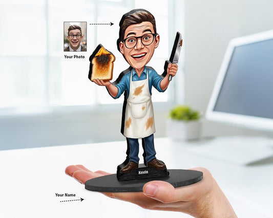 Personalized caricature of a man in messy apron holding burnt toast and butter knife, based on customer photo, printed on wood or acrylic in big-head cartoon style.